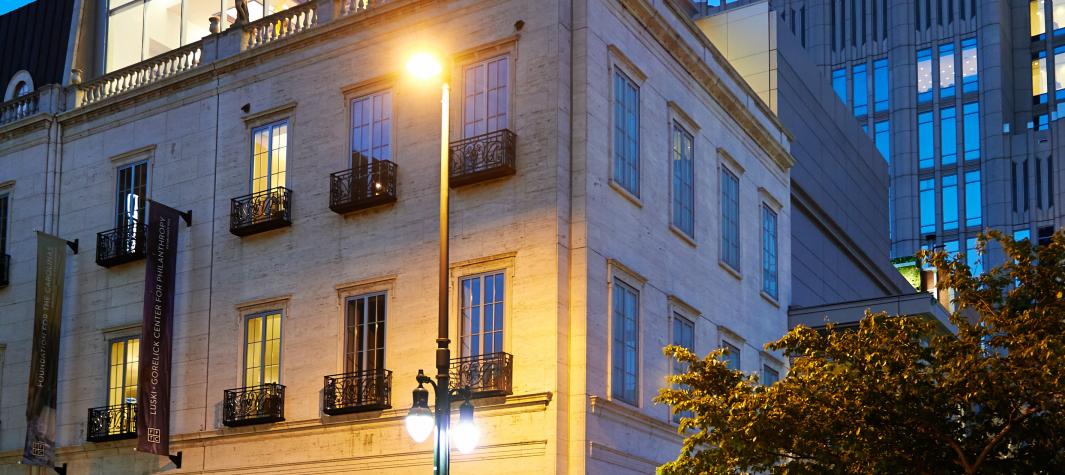 Exterior view at dusk of the Luski-Gorelick Center for Philanthropy