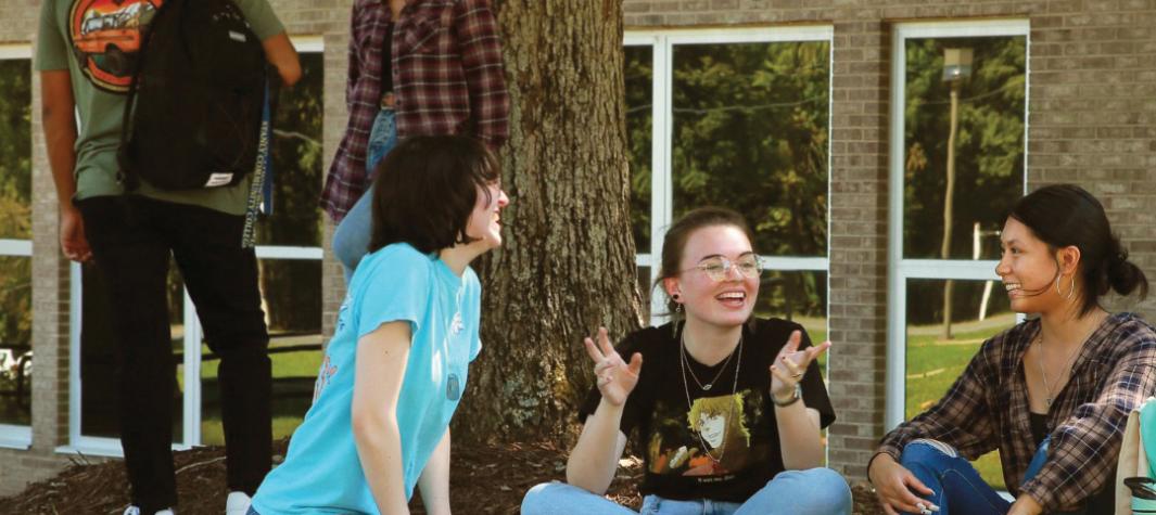 students on lawn of college campus